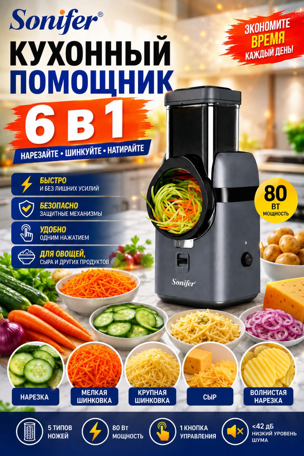 Электрическая овощерезка Sonifer SF-5550 6 в 1 — с 5 насадками, тихая работа, 80в. 1