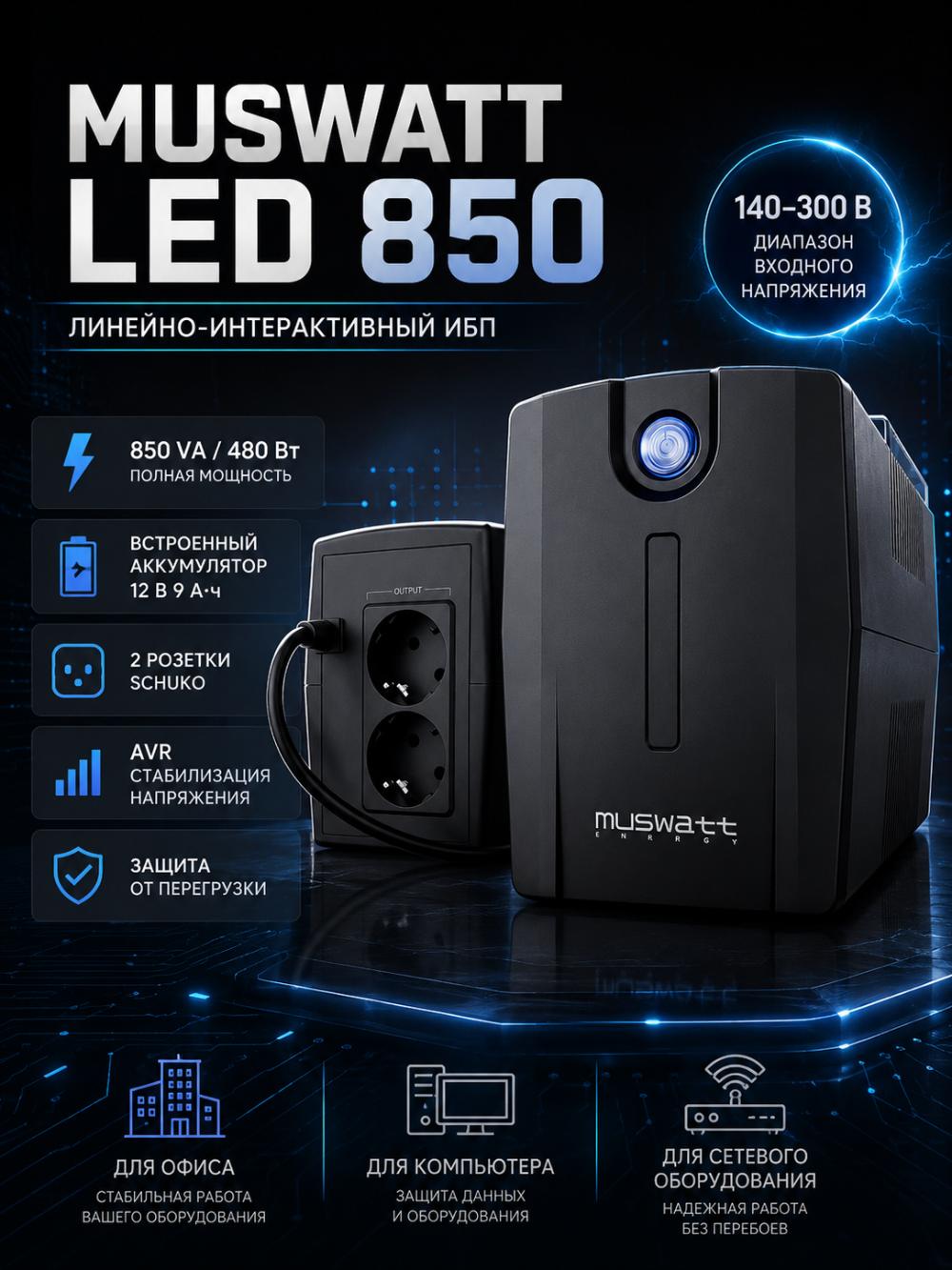 Источник бесперебойного питания MUSWATT LED 850 Line-Interactive UPS 850 VA 480 Вт 1