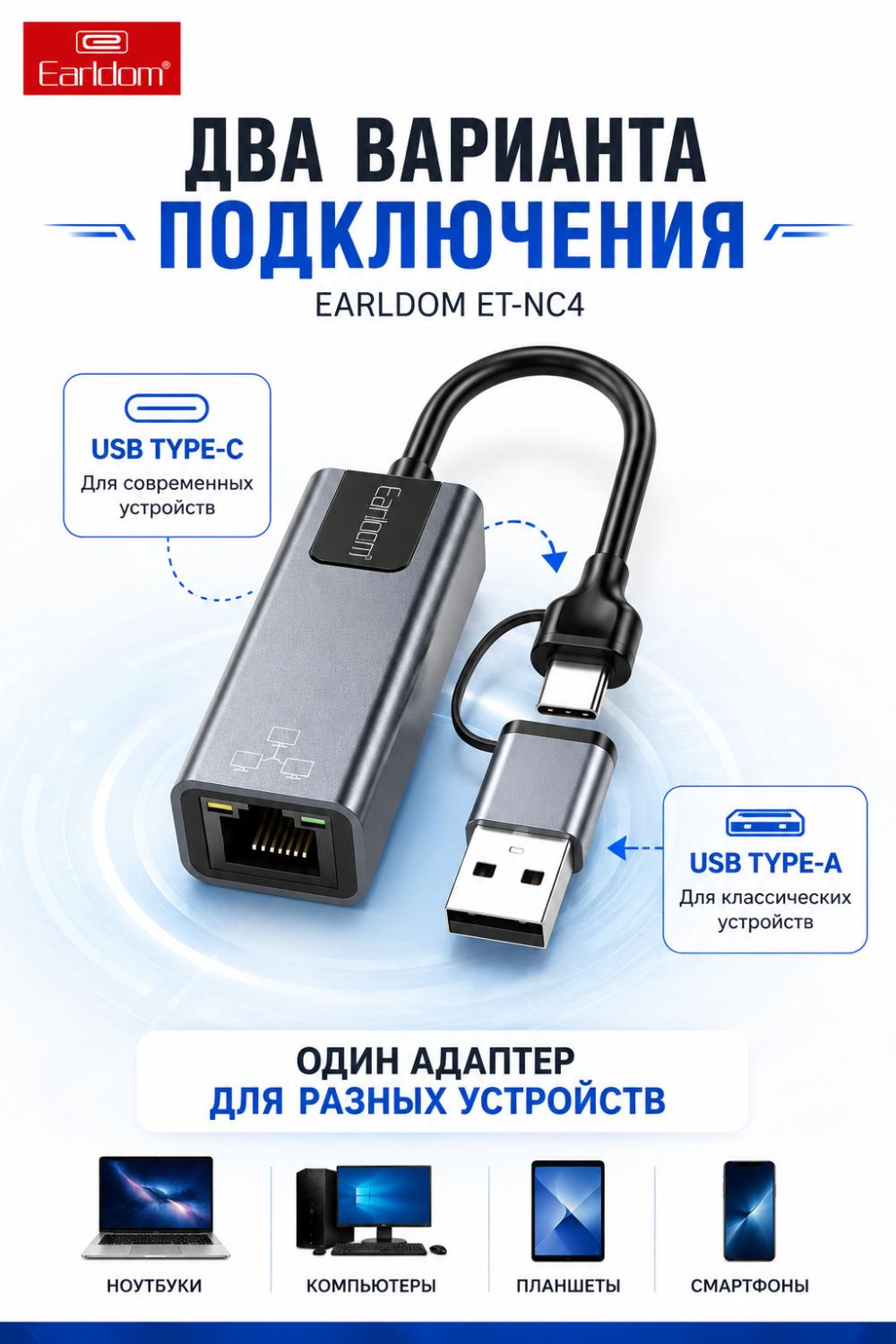 Earldom ET-NC4 USB Type-C + USB-A dan RJ45 Gigabit Ethernet 1000 Mbit/s gacha Plug & Play tarmoq adapteri 3