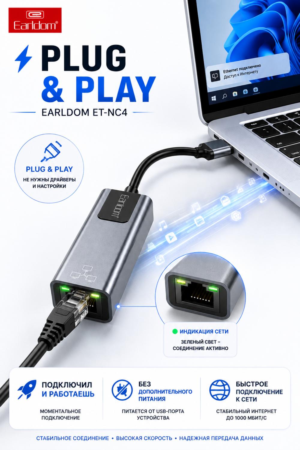 Earldom ET-NC4 USB Type-C + USB-A dan RJ45 Gigabit Ethernet 1000 Mbit/s gacha Plug & Play tarmoq adapteri 5