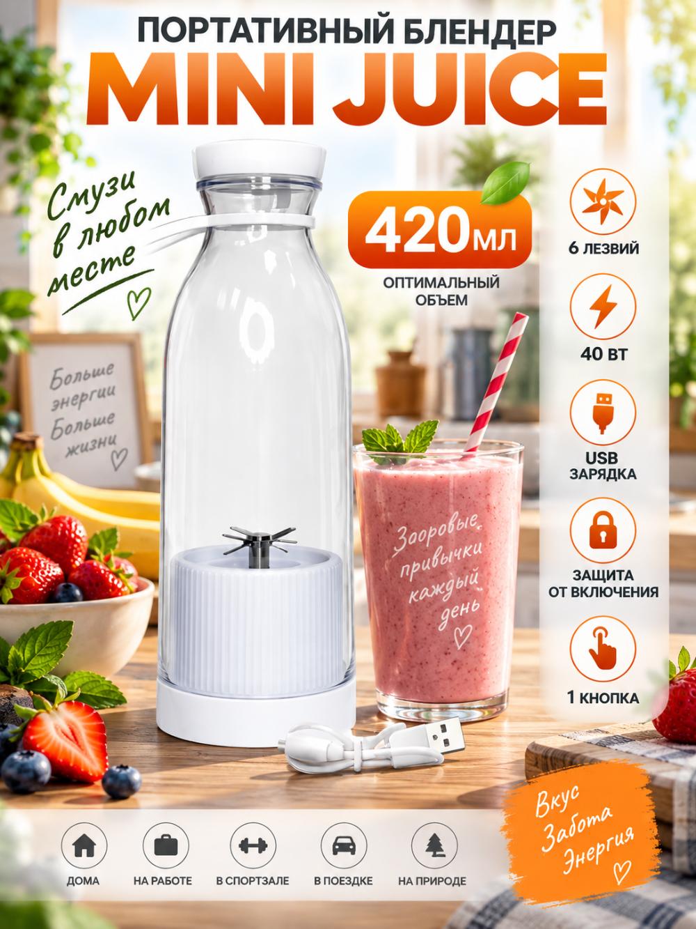Портативный блендер MINI JUICE 420 мл, 6 лезвий, USB, 40 Вт, беспроводной, для смузи и коктейлей 2