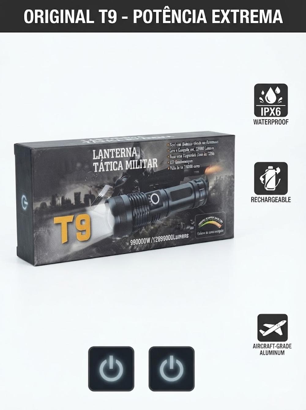 T-9 taktik LED chirog‘i, sovg‘a qutisida, akkumulyatorli, IPX6 suvga chidamli 1
