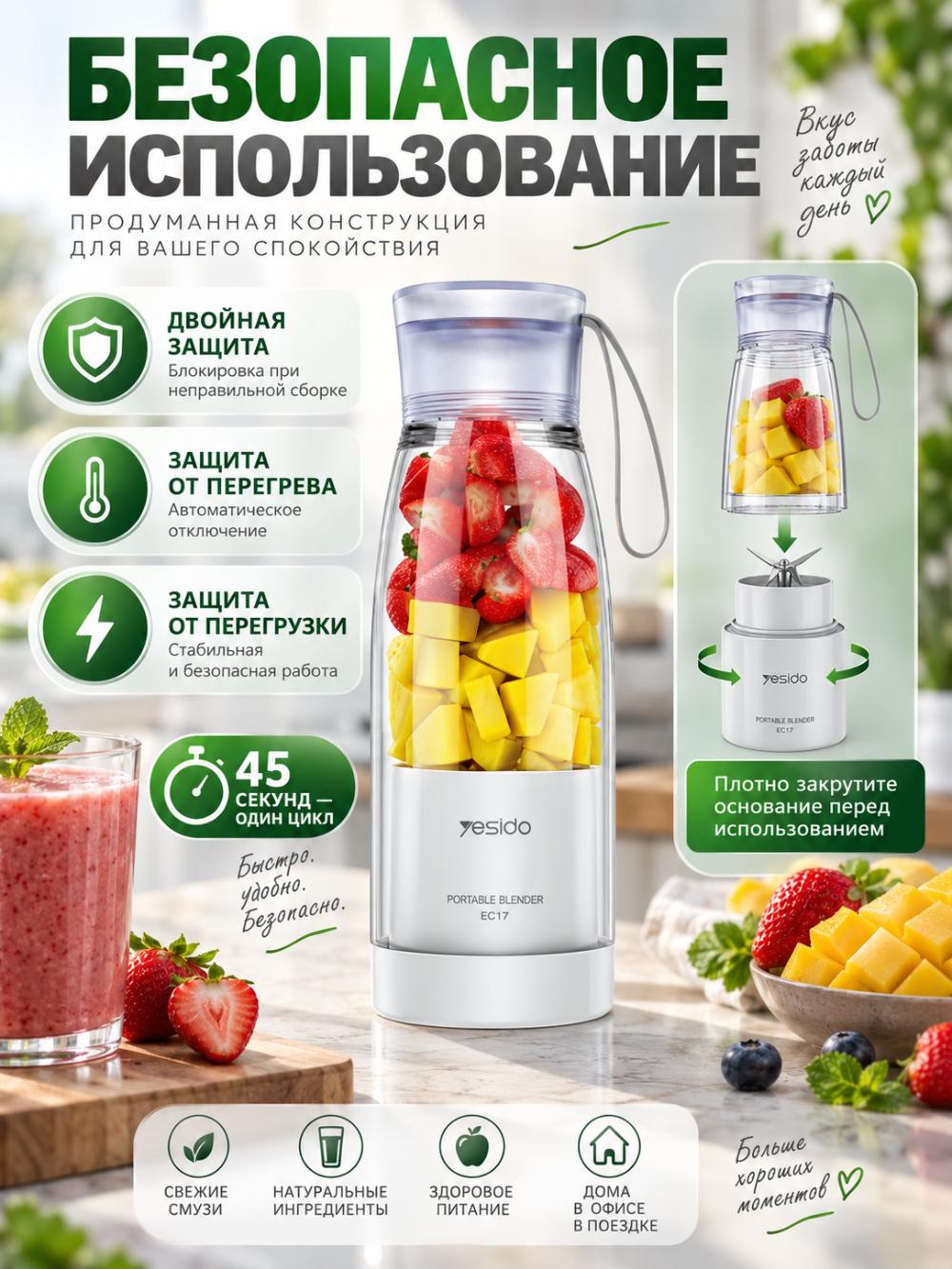 Портативный блендер YESIDO EC17, 450 мл, 80 Вт, USB Type-C, 6 лезвий из нержавеющей стали 5
