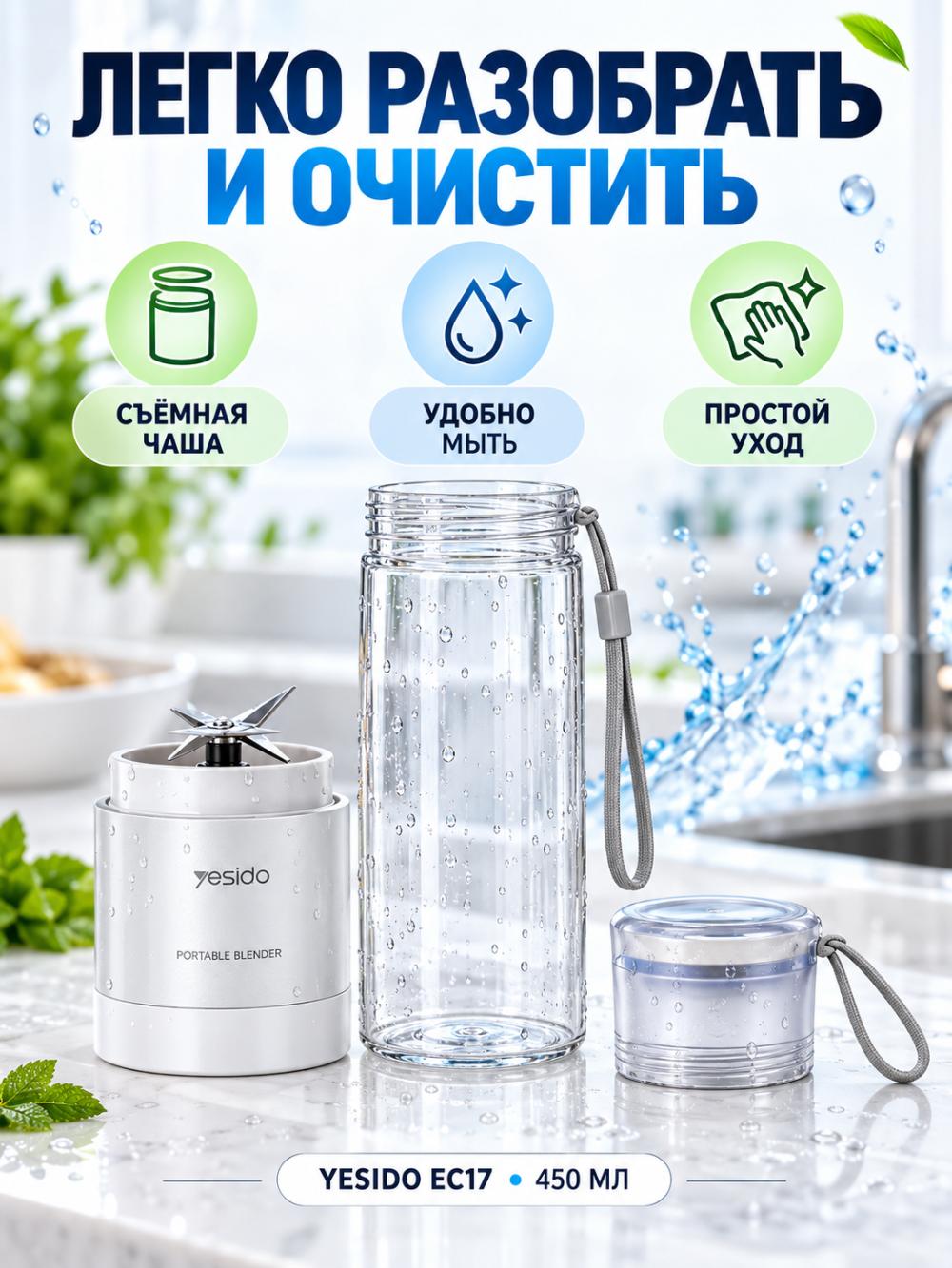 Портативный блендер YESIDO EC17, 450 мл, 80 Вт, USB Type-C, 6 лезвий из нержавеющей стали 7